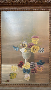 antique framed oil painting; goblet of pansies