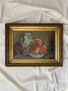 antique framed oil painting; water pitcher and fruit bowl