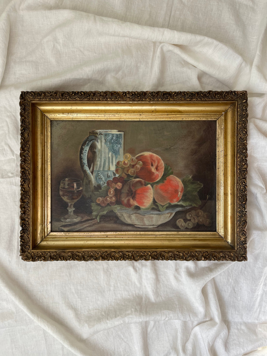 antique framed oil painting; water pitcher and fruit bowl