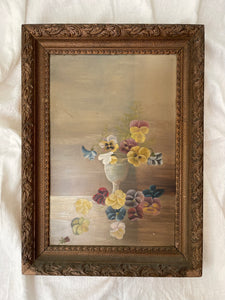 antique framed oil painting; goblet of pansies